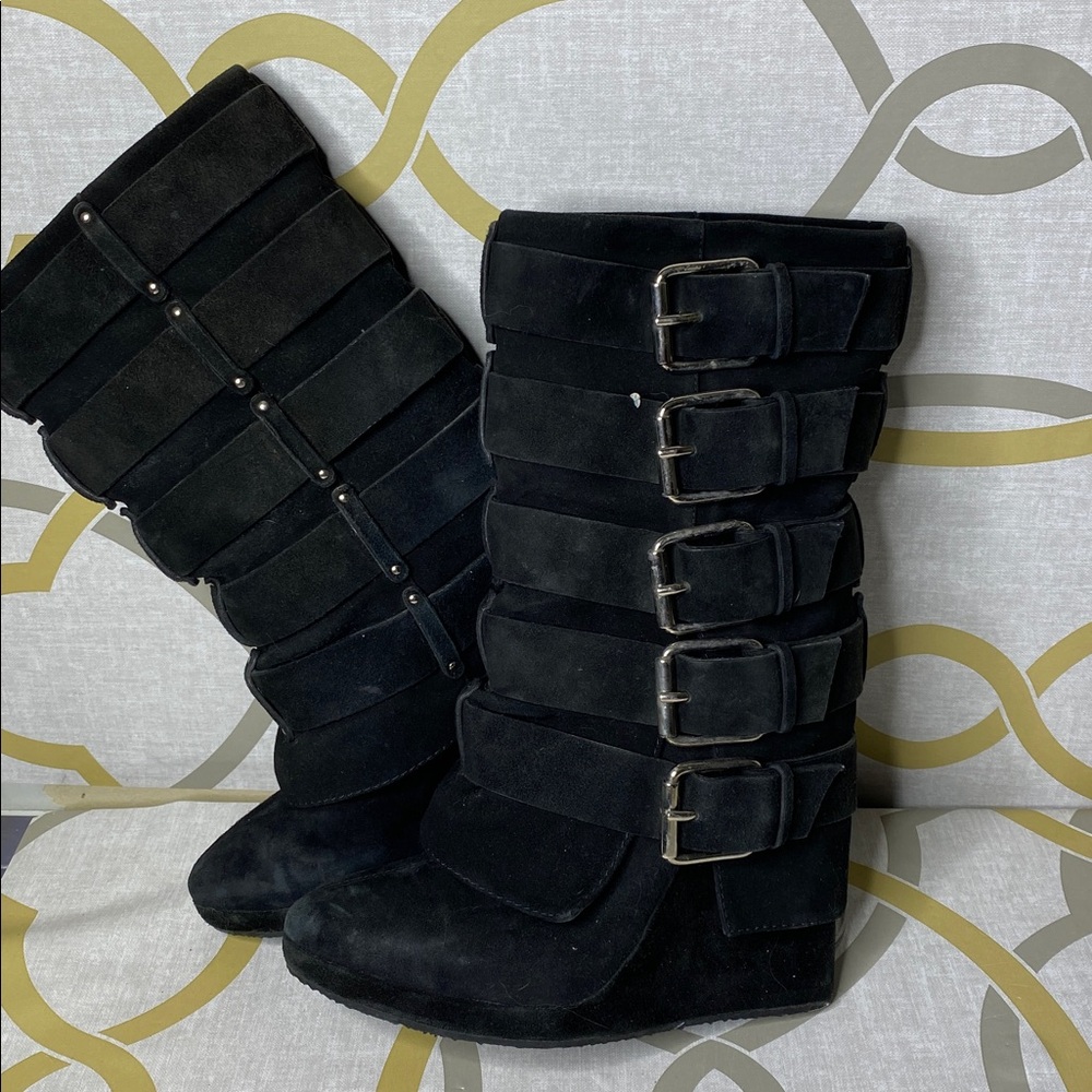 Women's Black Buckle Suede Wedge Ankle Boots - Picture 2 of 6